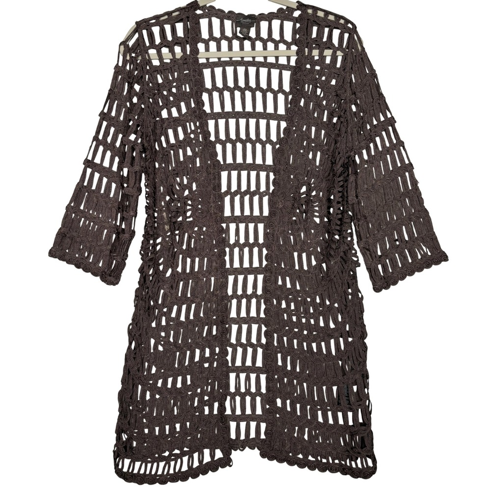 Chico's Travelers Cardigan Womens Size 0 Small Crochet Mesh Longline Soutache
